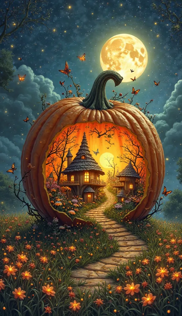 Imagine an enchanted village inside a giant pumpkin, where little magical beings ( like elves and fairies ) live in little house...