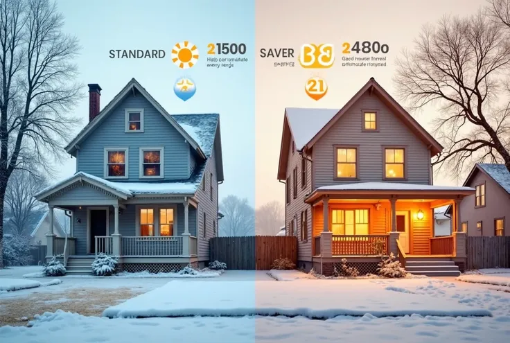 A visual comparison between a standard house and a high-insulation home (grade 6). On the left, a poorly insulated house struggl...