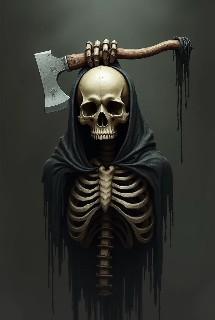 That the 2D drawing of the skull has an axe and the ribcage looks like it is drawn with a cape and that it looks gloomy
