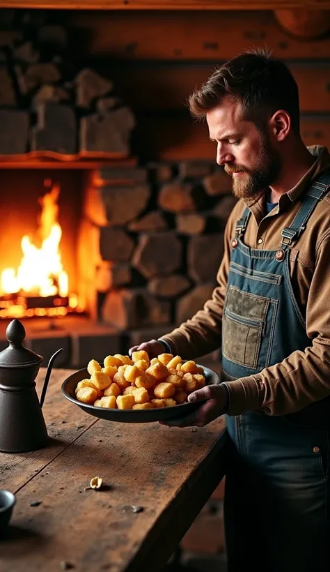 A rustic cabin with a fireplace lighting up the space. A miner with super dirty hands holds a plate of roasted potatoes on a woo...