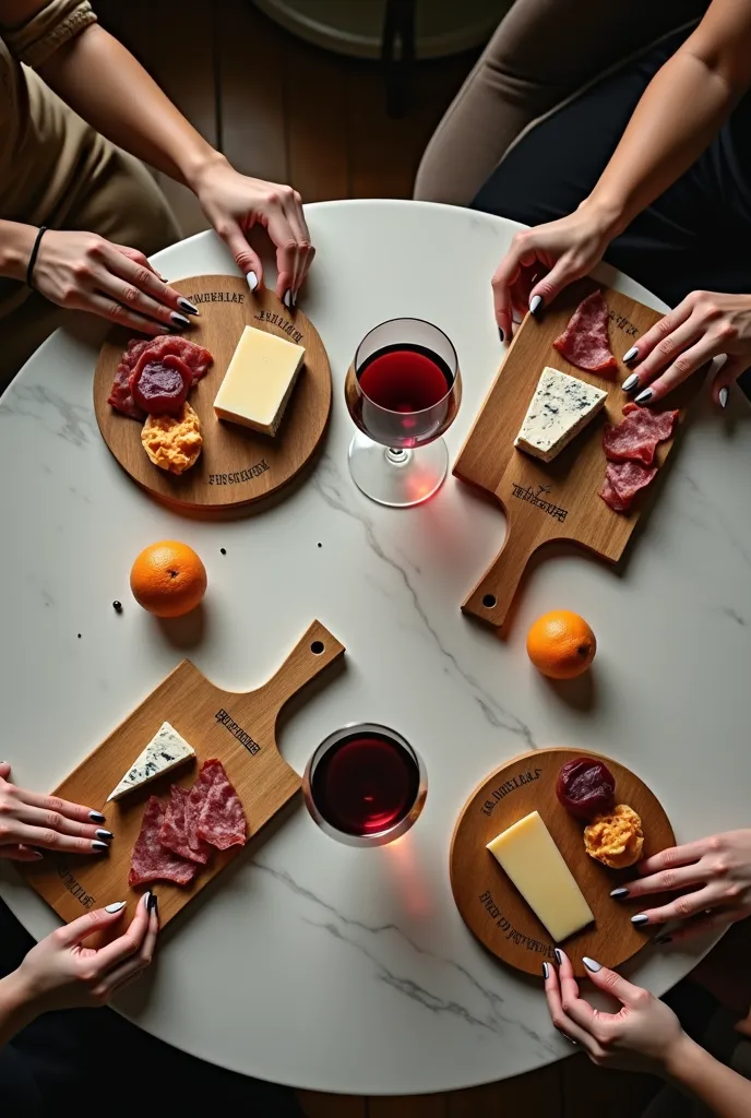 
*"Aerial view of an elegant centerpiece table with a white marble surface. The table features four individual wooden boards, ea...