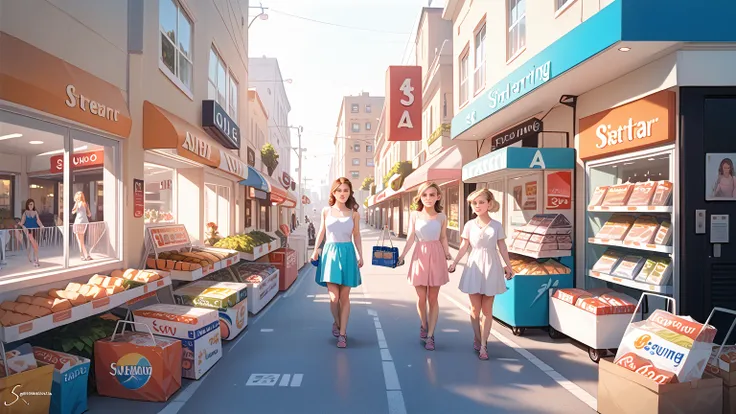 3 naked girl walking,shopping street,morning,Chatting