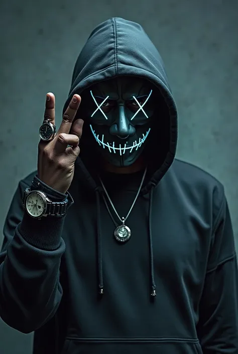 A person wears a hacker mask with his finger pointing to his ear, meaning listen, wears a necklace and a watch and wears his han...