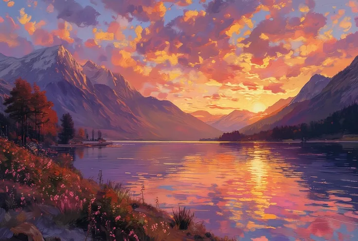 A breathtaking sunset over a serene mountain lake, where warm hues of orange, pink, and gold melt into the rippling water. Tower...