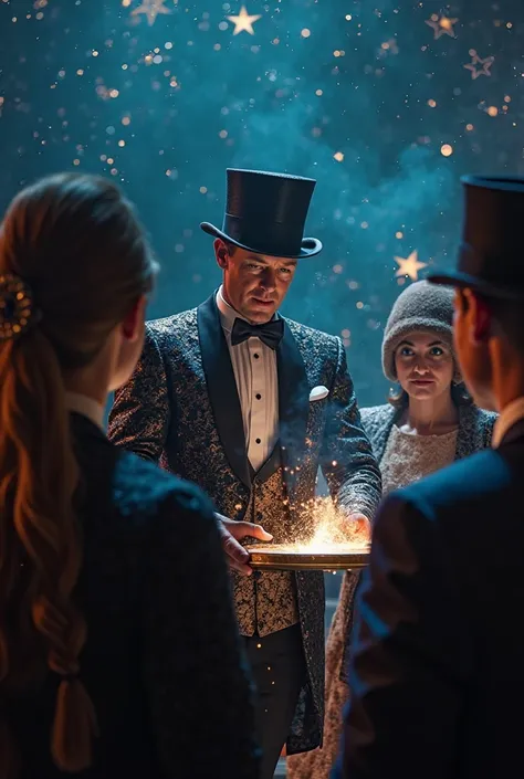 Alta calidad, 8K ultra HD, evento de magic, top hat , magic , stars , magician costume, show de magic, Companion , Spectator, ...