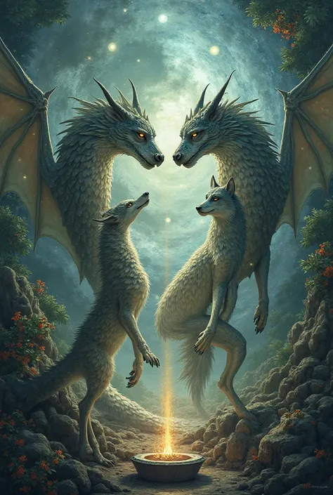 A dragon with wings and a shamanic wolf sit opposite each other and are associated with the infinity symbol. Spiritual