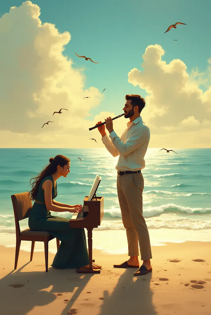 figurative image of a man playing the flute with a pianist on the beach