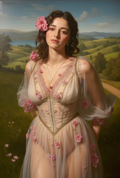 A painting drawn in the style of Raphael, a beautiful Caucasian woman with large breasts dressed in a transparent dress.