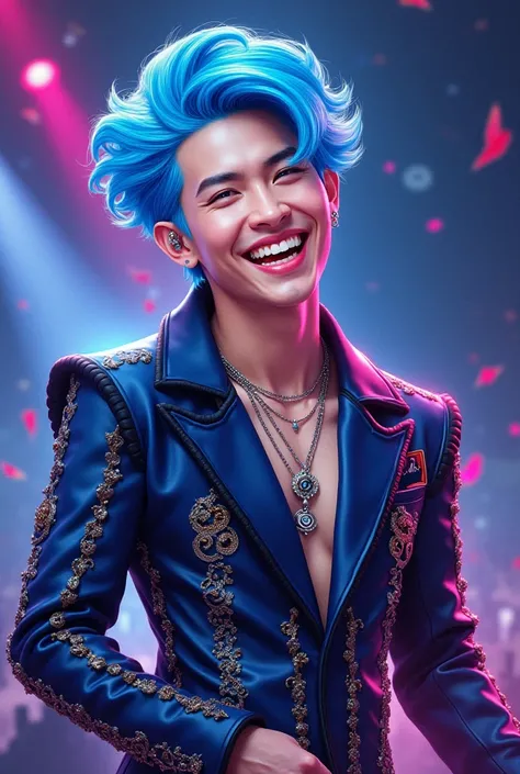 T.THE.P from the South Korean band BIGBANG, Funny, Energetic , positive in glamorous clothes with blue hair