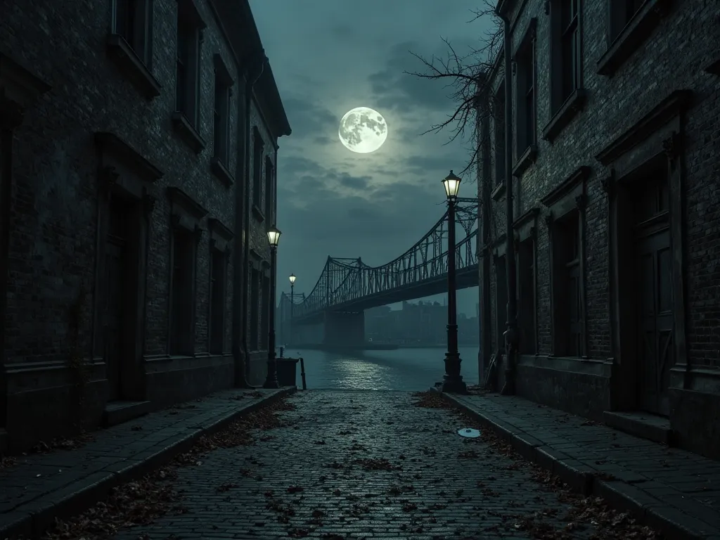 A dark and desolate setting, where the full Moon shines weakly, illuminating an abandoned city. The narrow, cobblestone streets ...