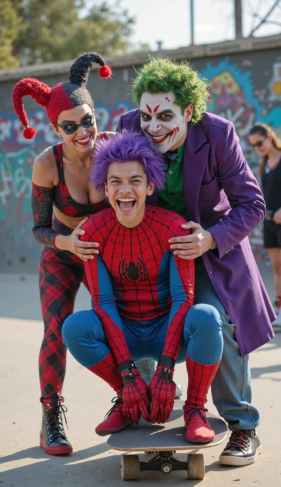 "A scene in a skate park where three costumed individuals are having fun together. Sitting on a skateboard is a person dressed i...