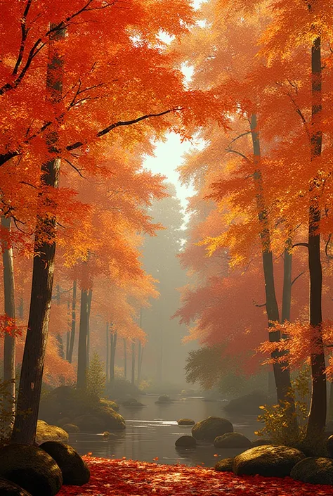 AR311.a hyper-realistic paintinmg.realistic autumn landscape, with trees adorned in vibrant shades of red, orange, and gold, a t...