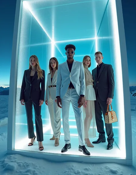 CREATE LUXORY AI INFLUENCERS AGENCY, 3 WOMANS AND 2 MENS, fashion photoshoot, on top arctic place, wearing a Moschino haute cout...