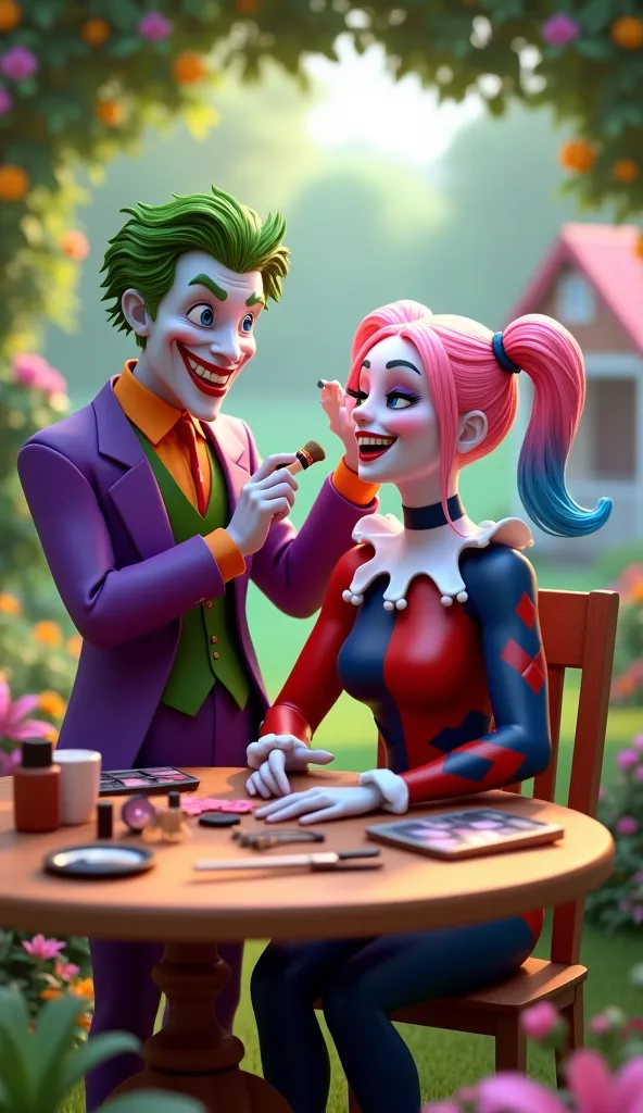 A highly detailed and vibrant 3D-rendered digital illustration of the Joker and Harley Quinn in a beautiful garden with colorful...