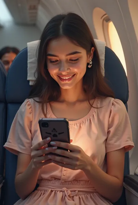 A real Bengali girl is sitting on a plane, smiling and looking at her phone. She is wearing a sweet-colored dress.