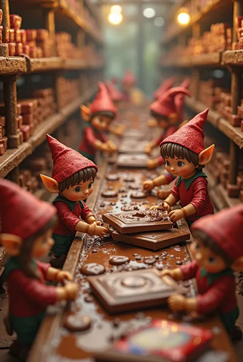 A whimsical chocolate factory where tiny elves are working on making Kit Kat bars in different stages. Some elves are pouring me...