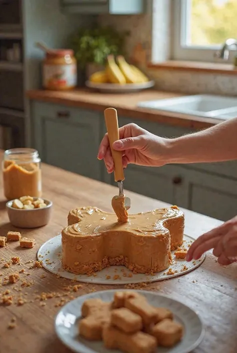 A hands-on, action-packed shot of a person frosting a dog cake with a creamy peanut butter icing. The scene captures the baker's...