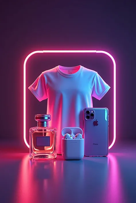 Logo with: perfume, t-shirt, airpods, iphone all in the center and frame around, purple background, square image , neon style