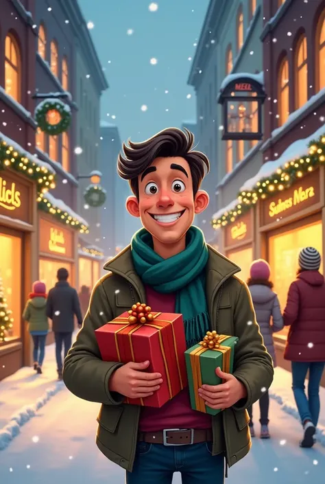 Give me a cartoon image of a brown man around 25 years old buying presents on Christmas Eve