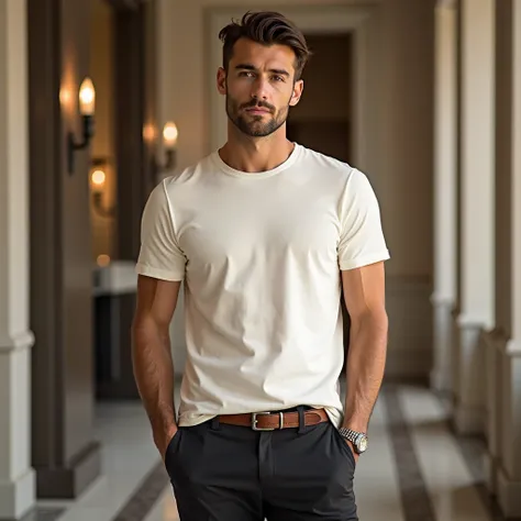 An ultra-HD hyper-realistic full-body studio photograph of a male model wearing a stylish, well-fitting off white, unprinted Egy...