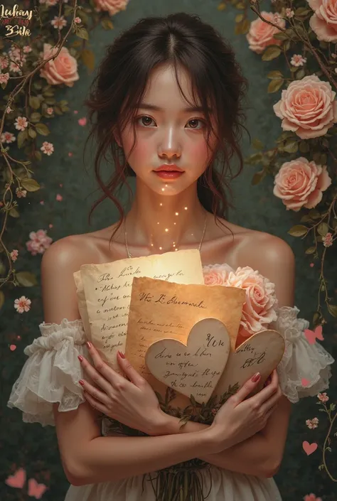 beautiful young woman holding bunch letters hearts, hugging letters, intricate facial features, elegant posture, warm expression...