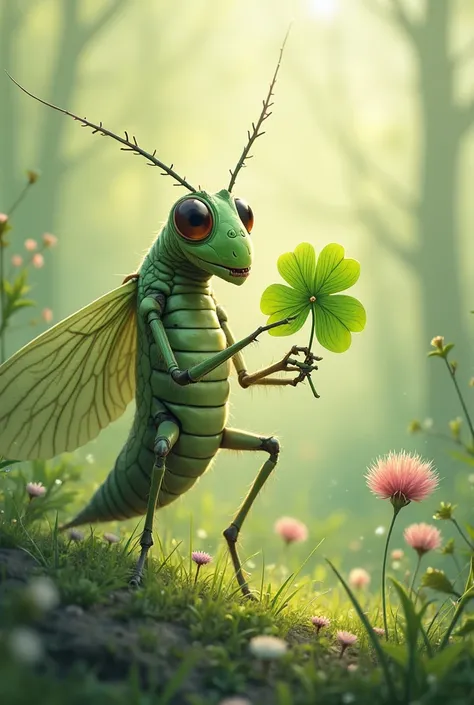 Drawing of a cricket clutching a Clover in the hand