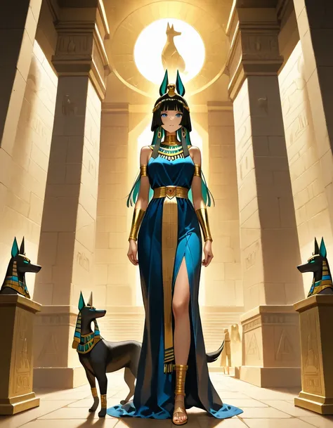 Anubis, an animal-eared girl wearing a chiton dress, with short Cleopatra hair, with ancient Egyptian gold jewelry, stands in a ...