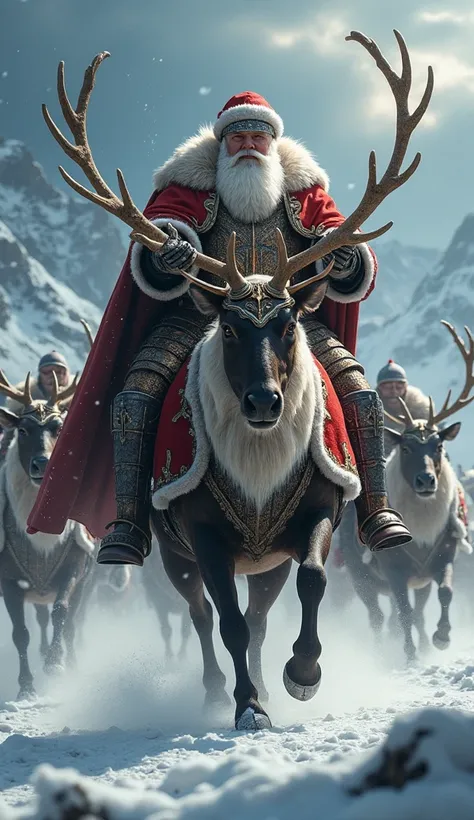 Santa dressed as a medieval warlord, leading a cavalry of armored reindeer through a snowy battlefield, delivering magical gifts...