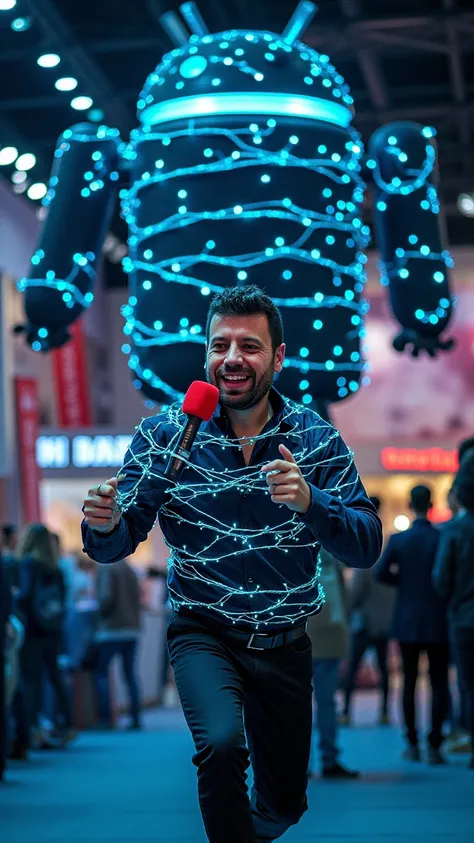 “A handsome man holding a microphone with a red foam cover, struggling to escape from a web of tense fiber optic cables hanging...