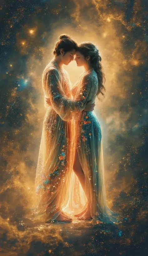 Realistic drawing, handmade. Full color artwork. It shows the silhouette of a couple hugging each other intensely, their bodies ...