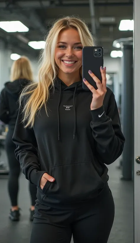 Blonde woman , blue eyes, thin, curvy and big , perfect breasts , dressed in a black Nike hoodie and sports pa...