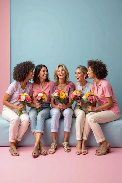 Create an ultra realistic image of five women sitting together in a studio with a pink and blue background, Wearing casual wear...