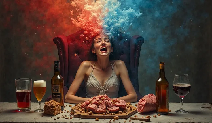 a thin woman, gluttonous and very gluttonous, seated on a large chair, devouring a table full of pork, wine and beer. Your face...