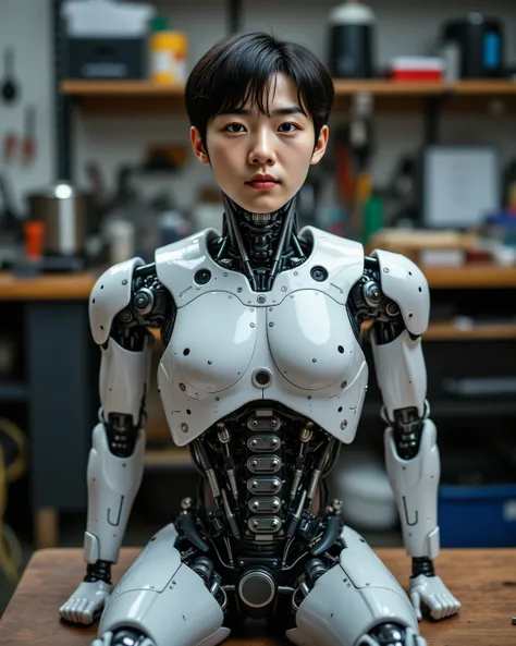 A college student is assembling a humanoid robot that looks like a Korean male star with only his upper body,Life-sized,Robot ly...