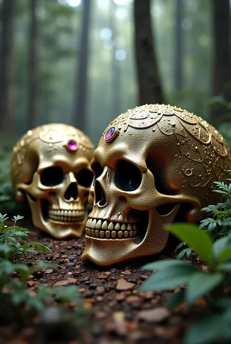 skulls with luxurious jewelry by rapper Frey Bullets in the woods