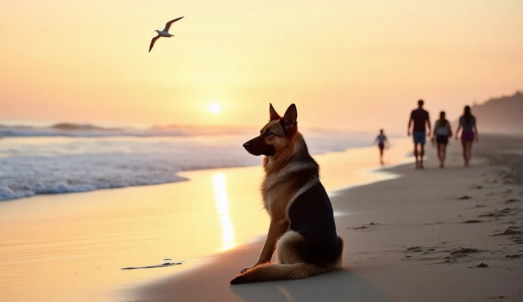 A tranquil beach at sunrise, with soft golden light illuminating the waves as they gently roll onto the shore. A lone German She...