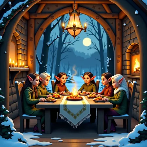 "A family of elves gathered for dinner inside an enchanted house on a cold winter night. The house is made of wood and stone, w...