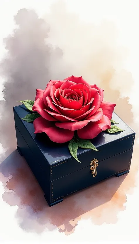 Watercolor illustration of a black music box and on its cover there is the design of a red rose.