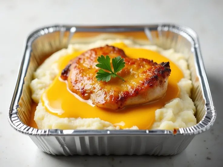 Create an image of a warm square aluminum with creamy mashed potato at the base. on the right side, arrange the boiled chicken, ...