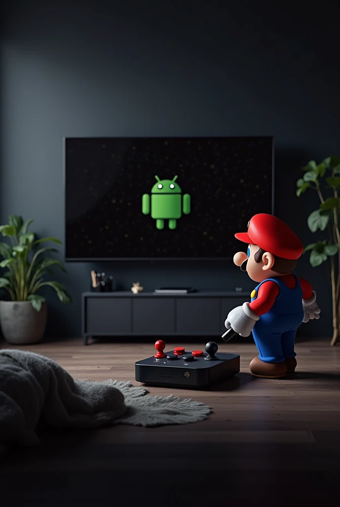 I want an HD image with Mario Bros. Ensima on a TV box, That I have a retro joystick in his hand, where in the background you ca...