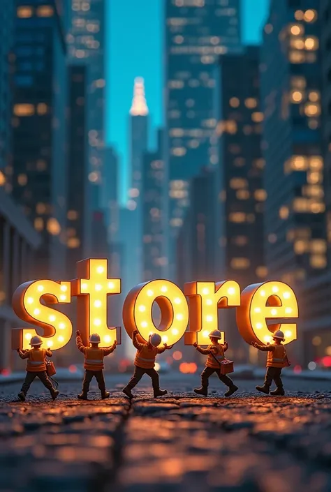 A group of tiny figurine-like workers, dressed in construction helmets and safety vests, are carrying large, glowing letters tha...
