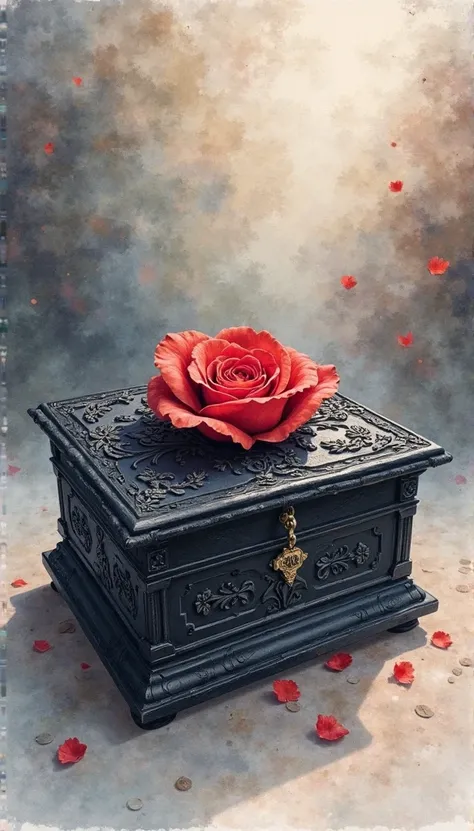 Watercolor illustration of a black music box and on its lid there is the wood carving the design of a red rose.