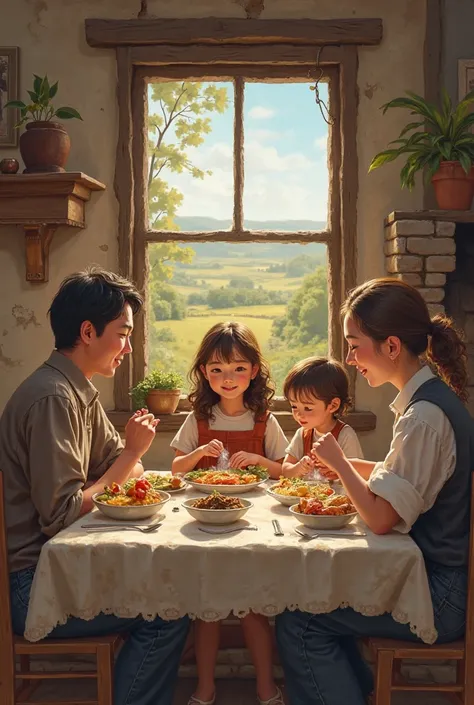 Draw a girl sitting at a table having lunch with her father, mother and little sister in a country house