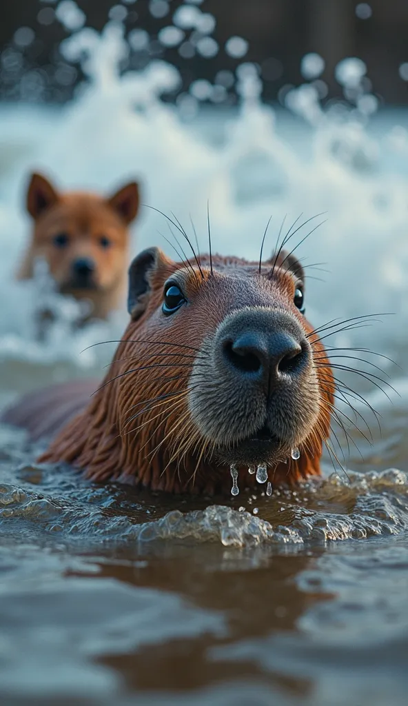 "Close-up of the capybara’s determined face, water droplets on its whiskers, swimming against strong waves. The puppy is visible...