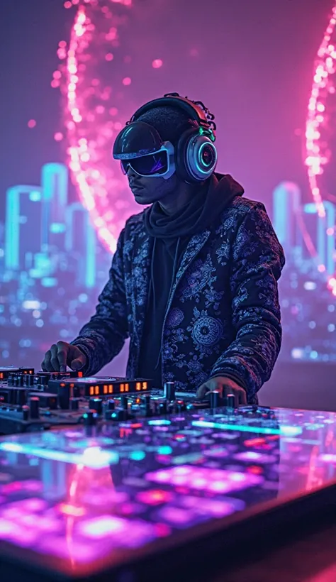 "Un DJ énigmatique, vêtu d'une combinaison futuriste avec des motifs lumineux en mouvement, mixé sur une platine holographique f...