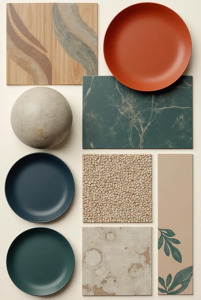  Interior Materials Moodboard for the exhibition space of Maison Marou in Modern Retro Style, combines the colors Navy, red oran...