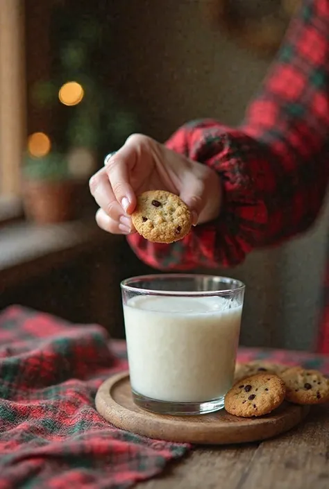 A realistic image of a delicate hand dipping a cookie in a glass of milk on a rustic table with a background of a vintage and ru...