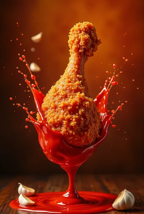A crispy golden-brown fried chicken drumstick is suspended in mid-air, surrounded by a dynamic swirl of rich, deep red spicy sau...