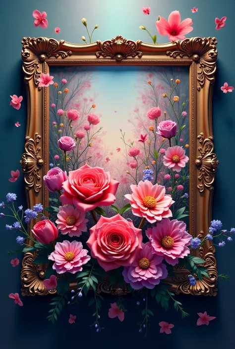 picture with flowers in a frame. some colors seem to come out of the picture