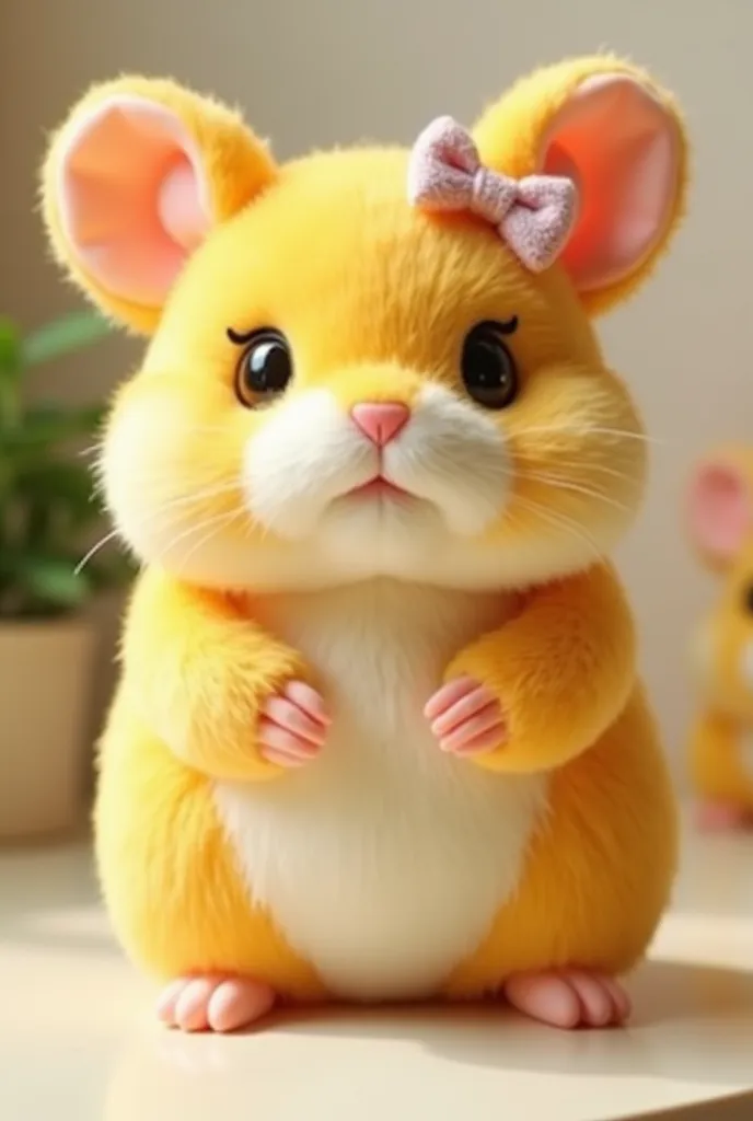 Now create a mini yellow hamster plush standing, with a bow around your head and a little bit of lashes.